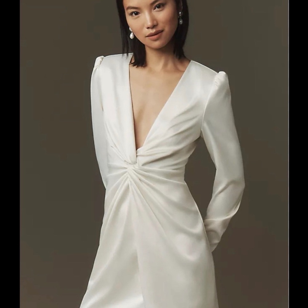 BHLDN Ivory Satin Long Sleeve Twist Front Mini Dress Size L NWT